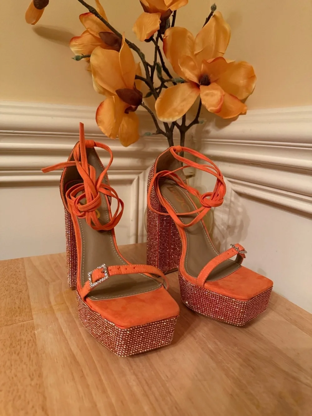 EGO Orange Rhinestone Platform Block Heels with Ankle Tie Uk 4 /‎ US 6